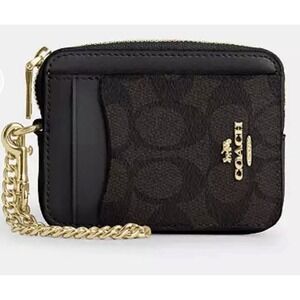 Coach CW883 Zip Card Case ID Key In Signature Canvas Wristlet In Walnut black